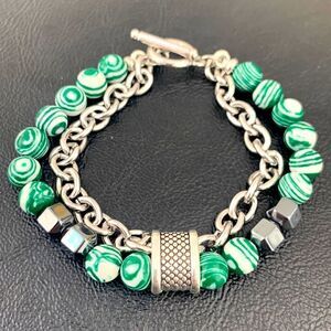 Men’s Malachite Green & Hematite Black Beaded Bracelet with Silver Chain